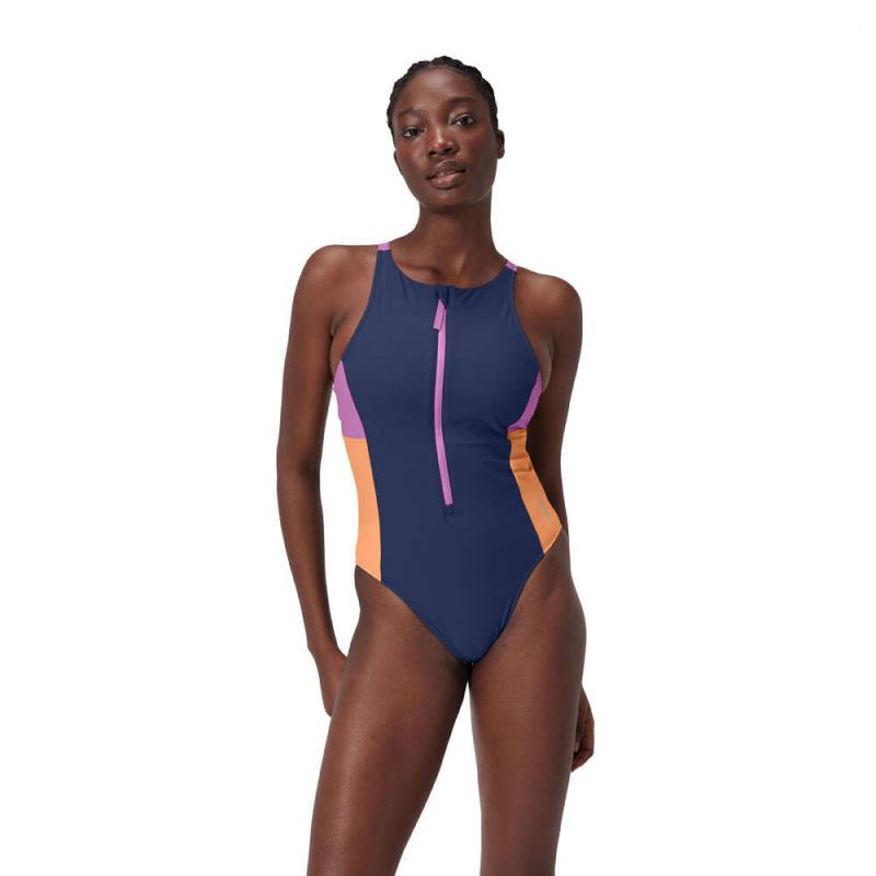 Speedo Swimwear Womens Speedo Zip Colorblock One Piece Swimsuit Blue Pink